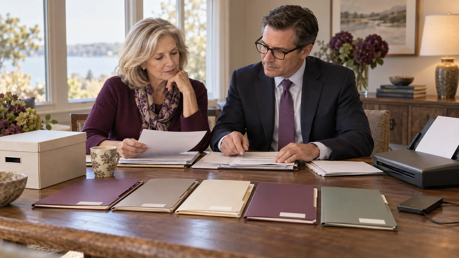 A widow and estate tax professional sorting return, appraisal, property-basis, and backup records at a dining table