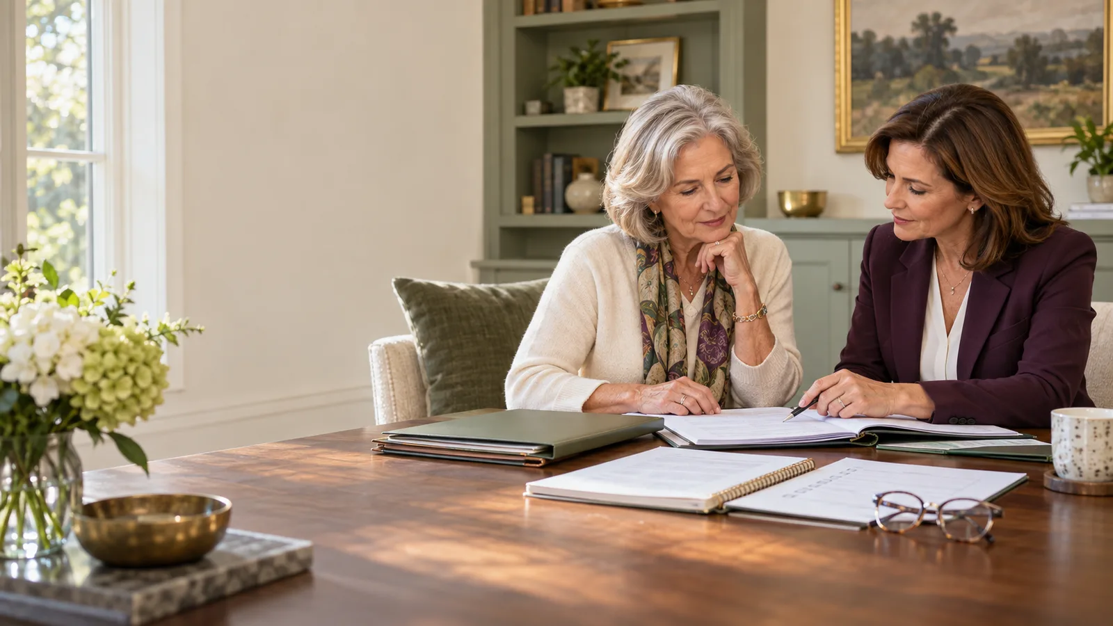 A woman in later life reviews organized estate-planning documents with an attorney in her home office.