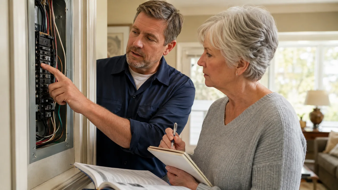 A homeowner takes notes while a professional explains her electrical panel safely