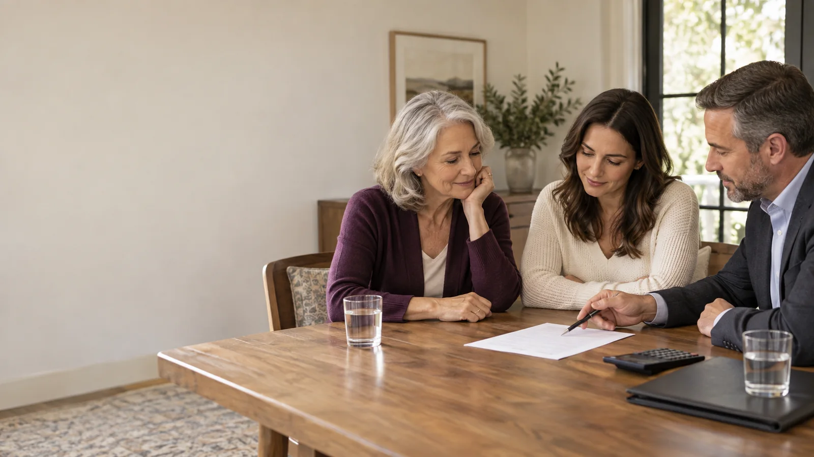 A widow and her adult daughter calmly review a simple family-loan agreement with a professional adviser at a dining table.