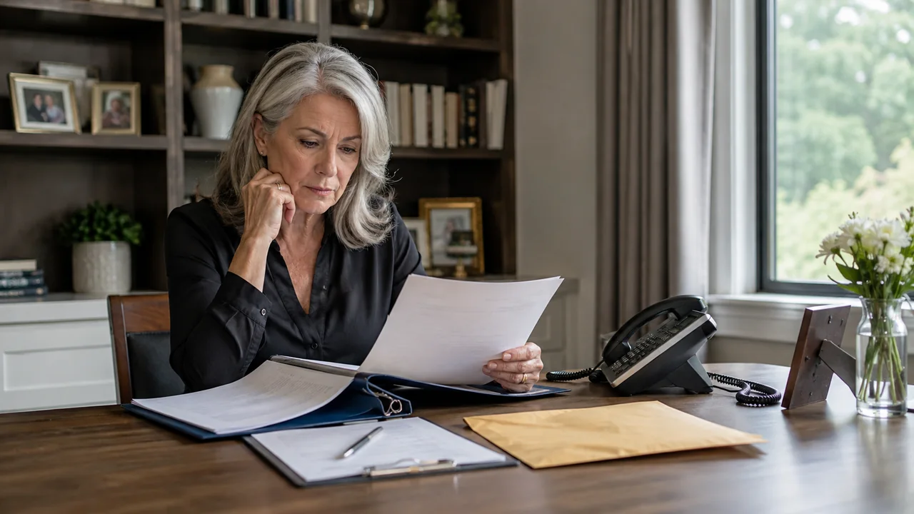 A mature widow checks a life-insurance policy folder and claim papers beside a telephone.