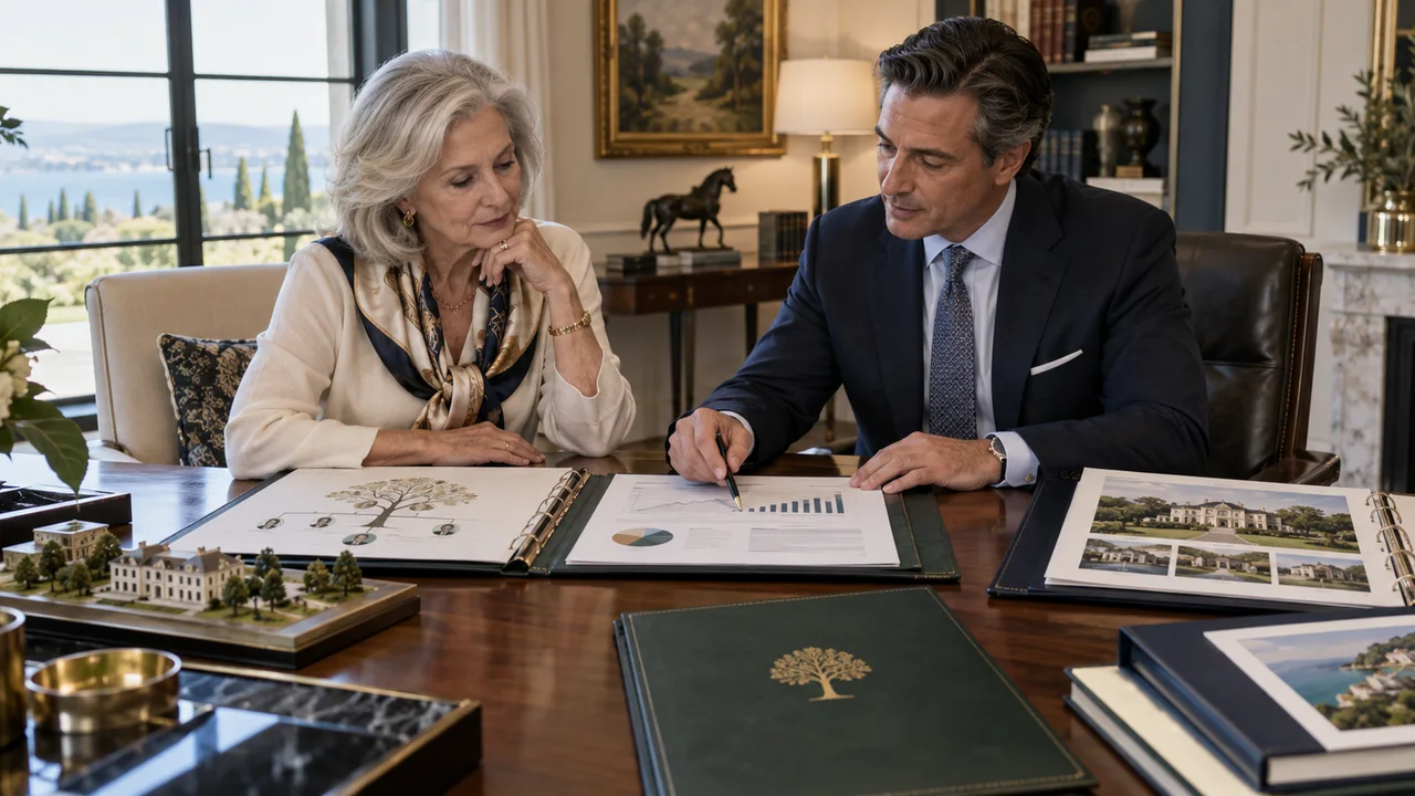 A widow and fiduciary adviser review a life-insurance policy, in-force illustration, trust binder and estate assets.