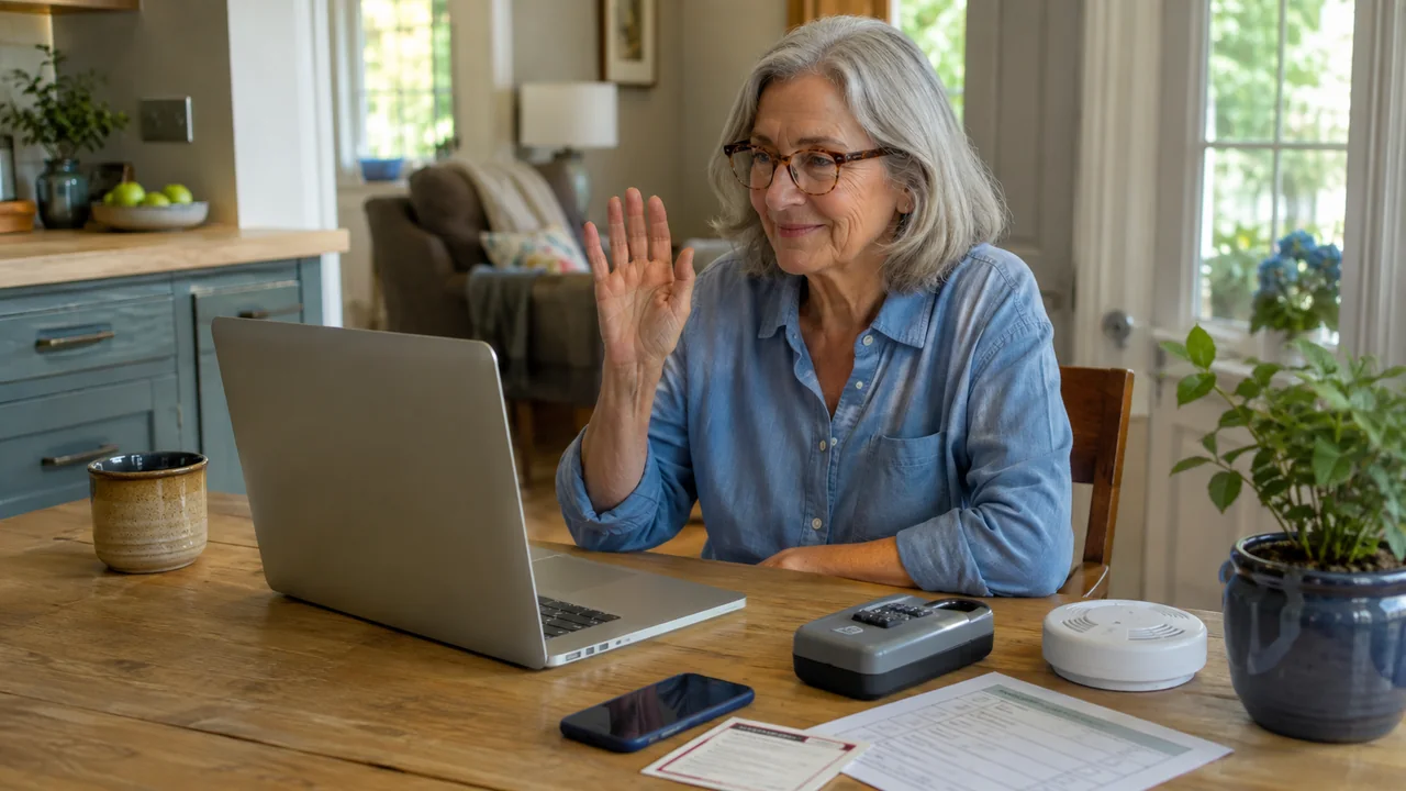 A woman making a scheduled video check-in beside her home safety checklist and emergency devices