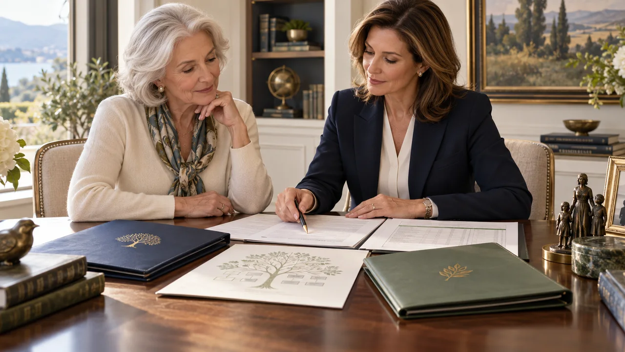 A widow and trust adviser review a trust document, asset ledger and family tree beside separate portfolio folders.