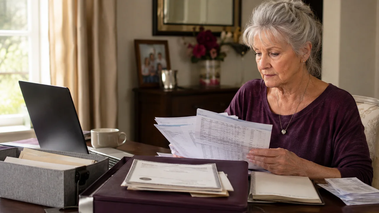 A mature widow reviews old statements and employment records while searching for a missing life insurance policy.