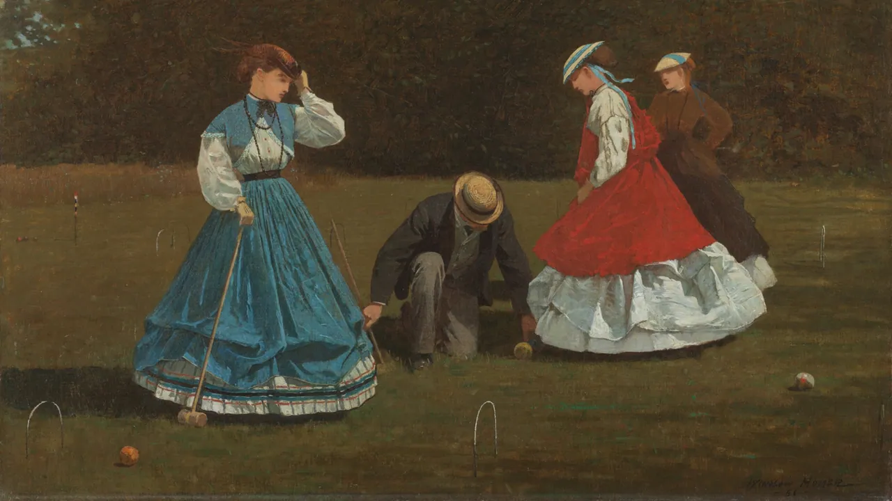 Three women in wide crinoline dresses and a kneeling man in a straw hat play croquet on a summer lawn before a dark hedge