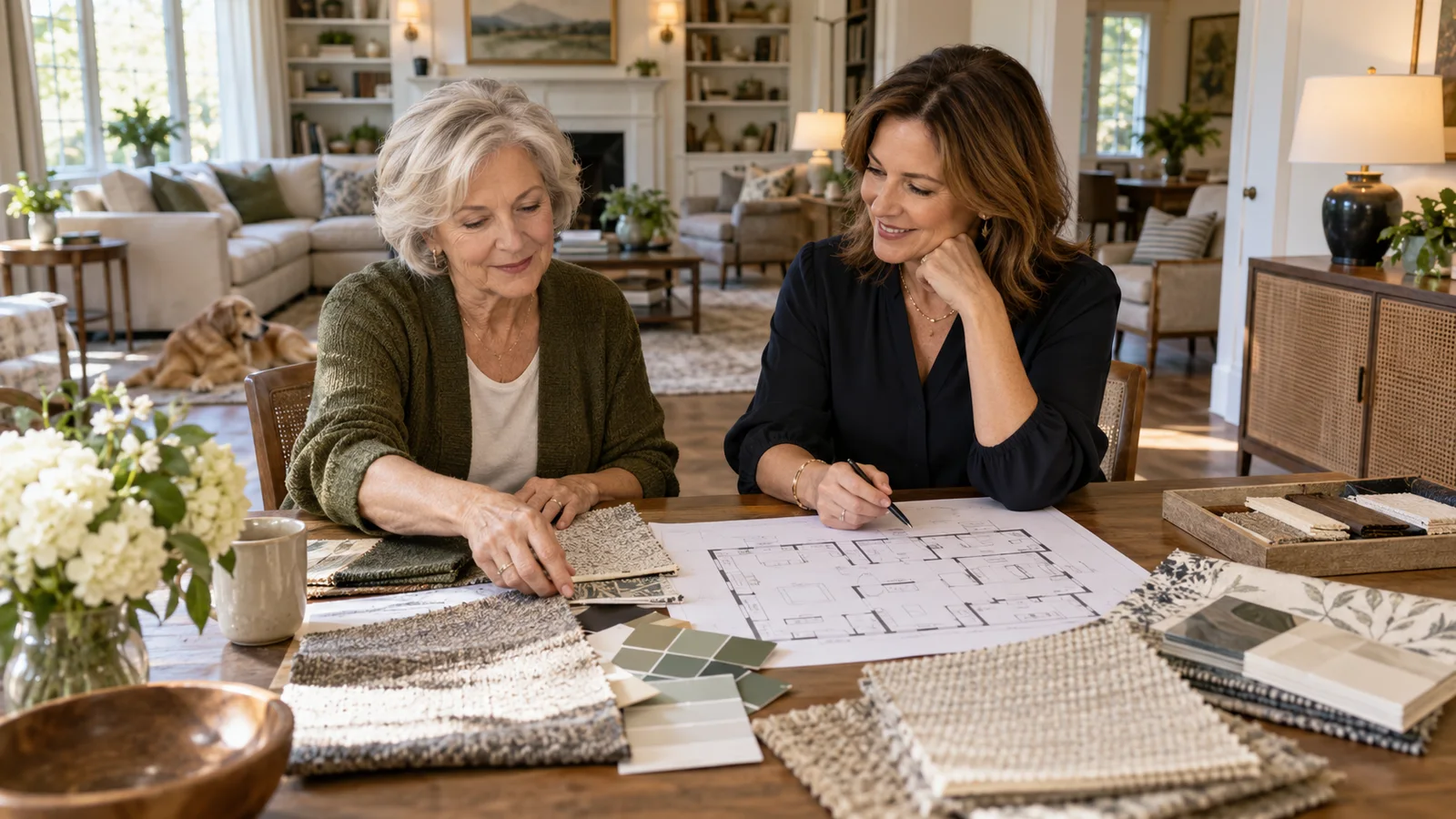 An older homeowner and an interior designer compare a floor plan, fabric swatches and paint colors in a bright living room.