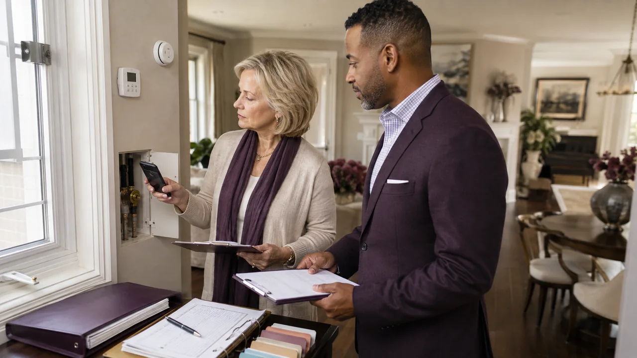 A widow and property manager document utilities, security, and condition inside an unoccupied estate home