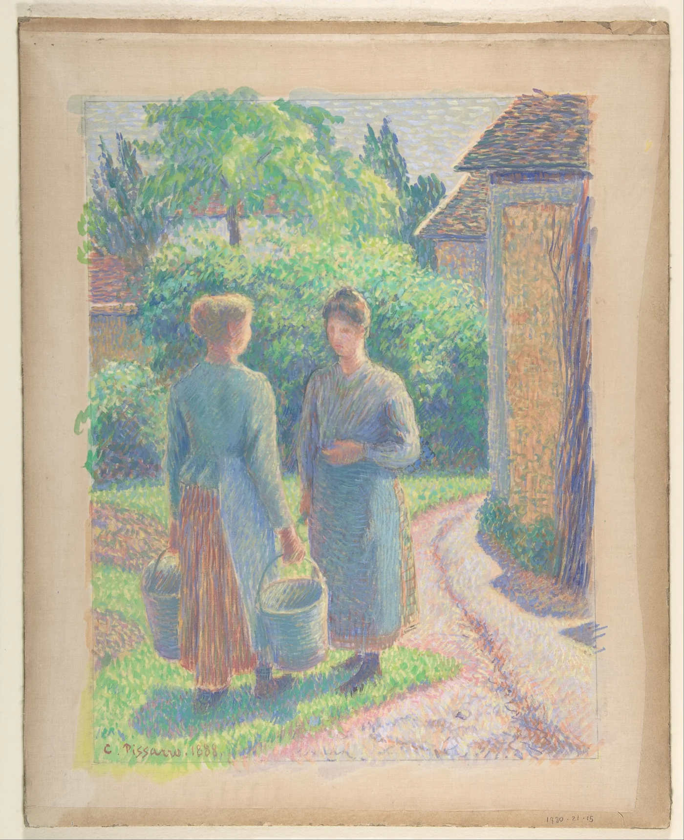Two women sit facing one another in a garden, absorbed in a private conversation beneath leafy trees