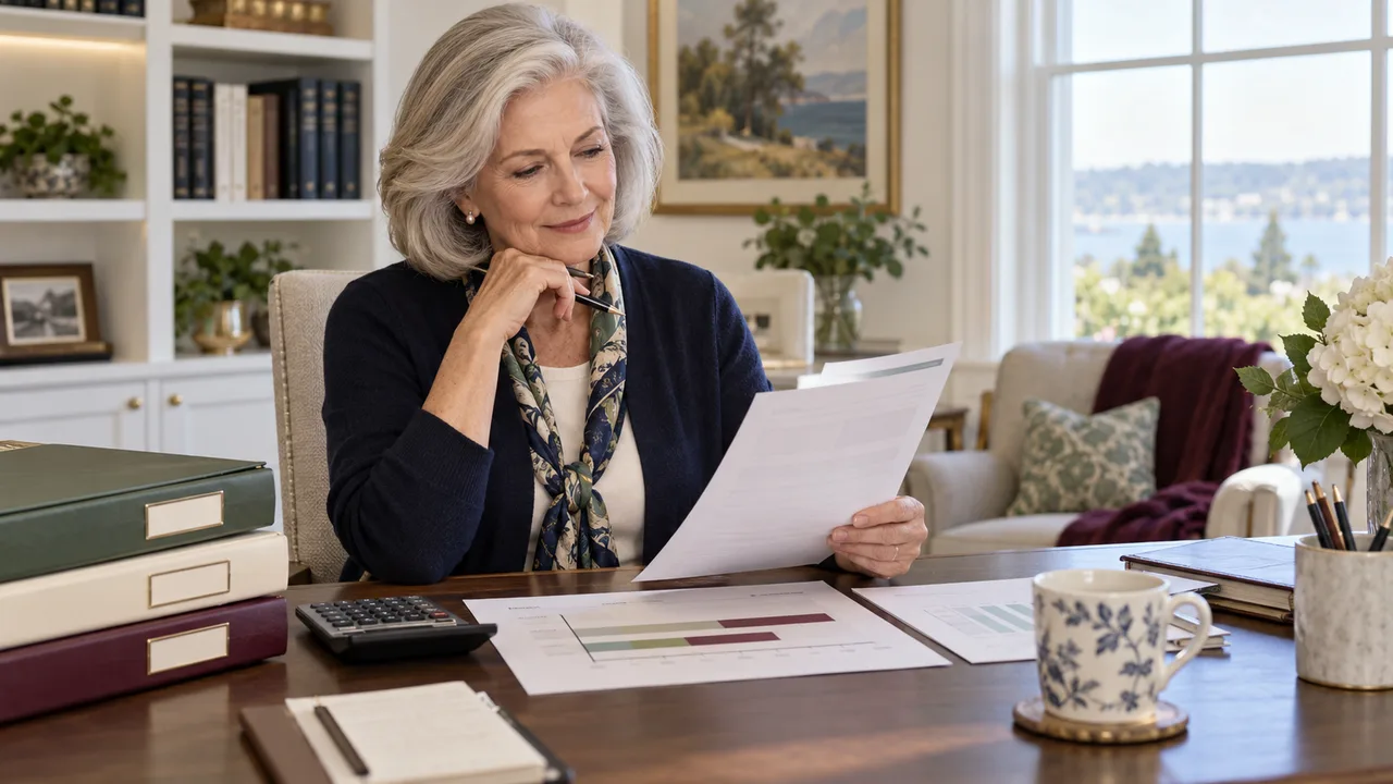 An older woman reviews a Medicare premium notice beside a calculator, income timeline, and organized tax folders at her home desk.