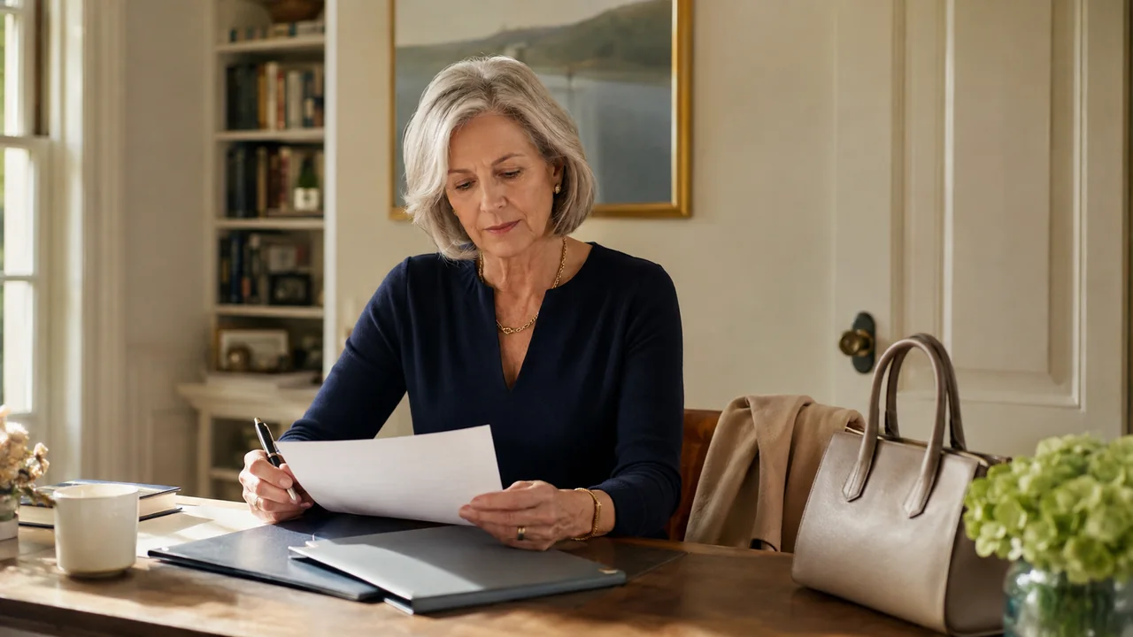 A mature widow reviews her questions and a firm-information folder before meeting a financial adviser.