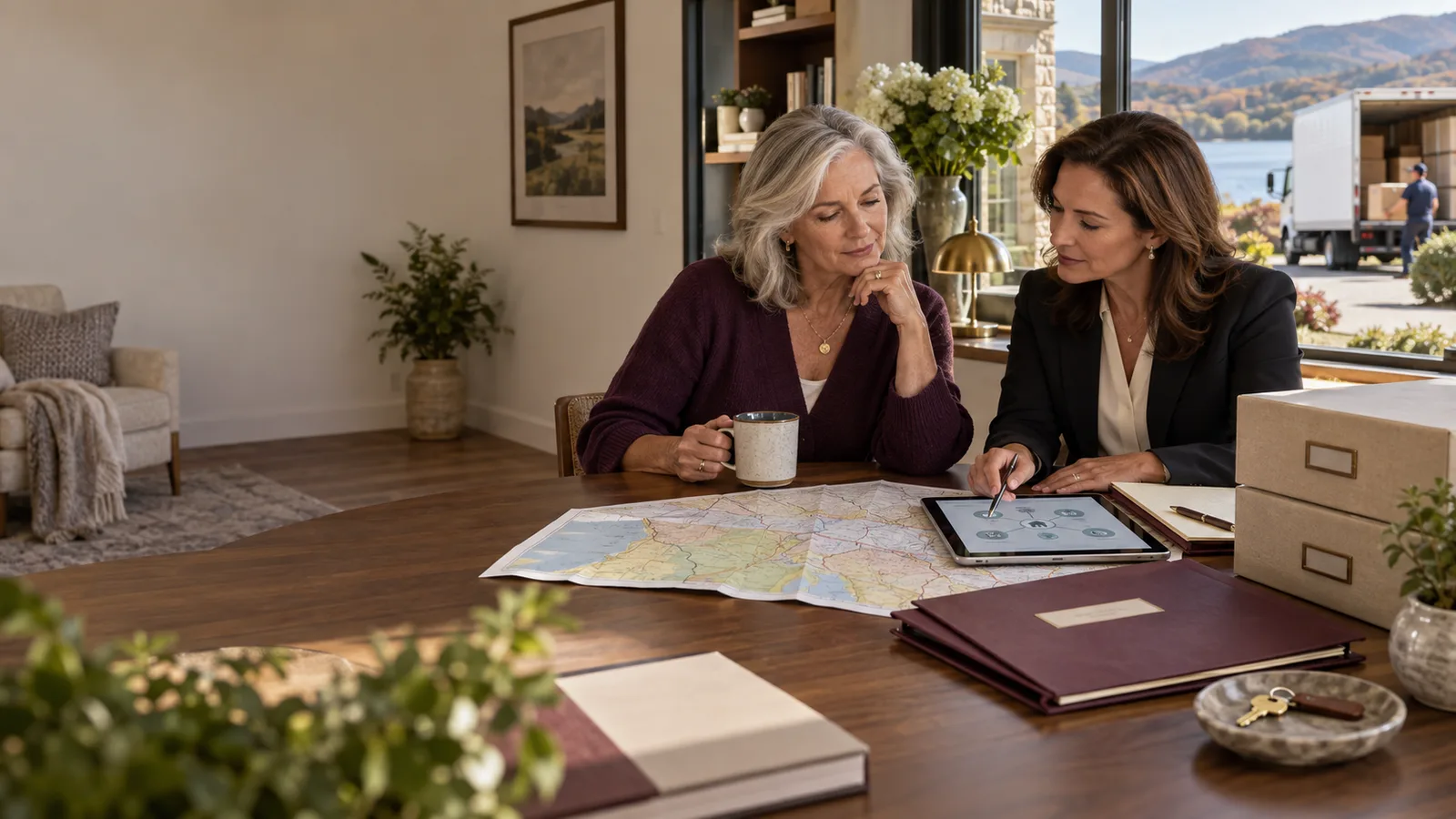 A widow and relocation adviser review an interstate map, health-plan information and estate documents beside moving boxes.