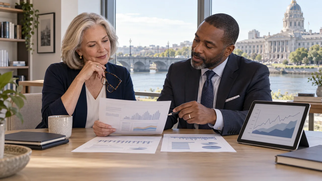 A widowed investor and fiduciary adviser compare municipal-bond documents and yield charts with civic infrastructure beyond the window.