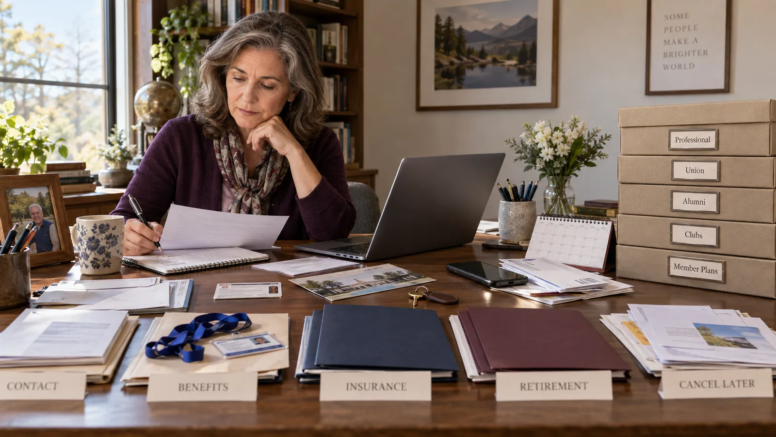 A widow organizing professional, union, alumni, club, insurance, and retirement records into a membership-benefits call list