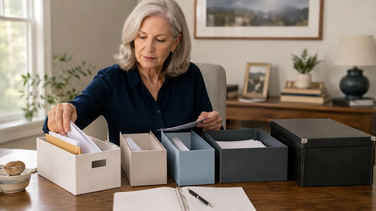 A mature widow sorts incoming documents into an inbox, action files, and a secure archive.