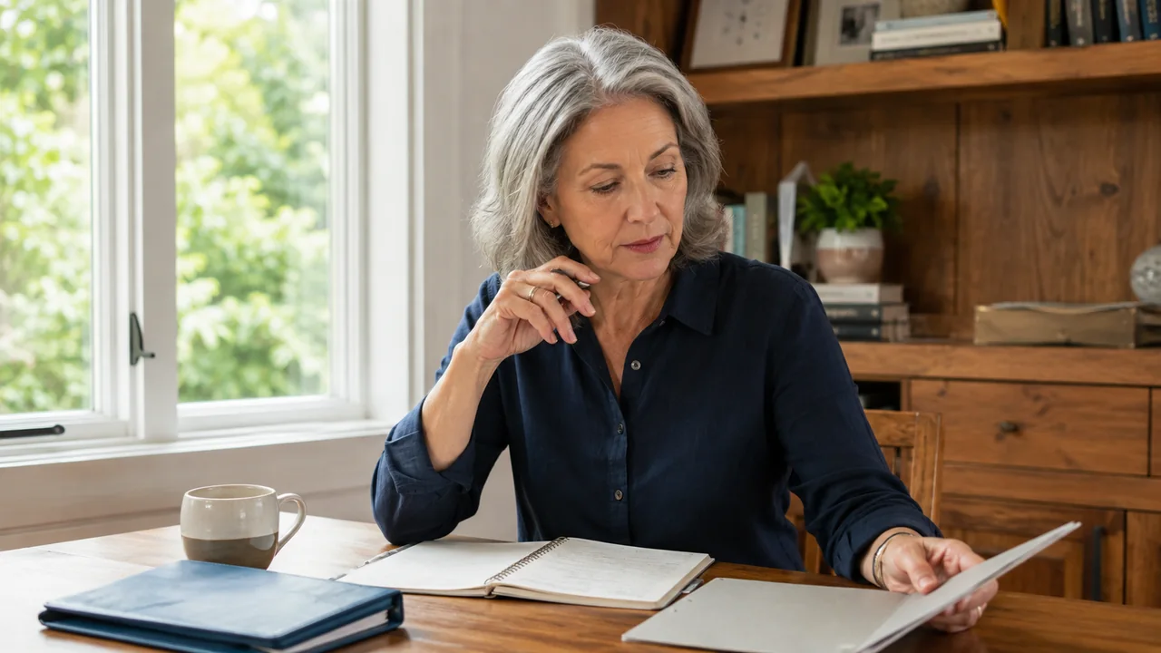 A mature widow compares a household ledger with financial documents at a sunlit home-office table.