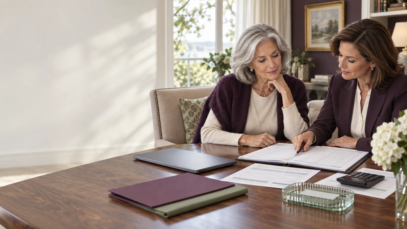 A mature widow and financial administrator review a payment ledger beside a closed laptop and calculator