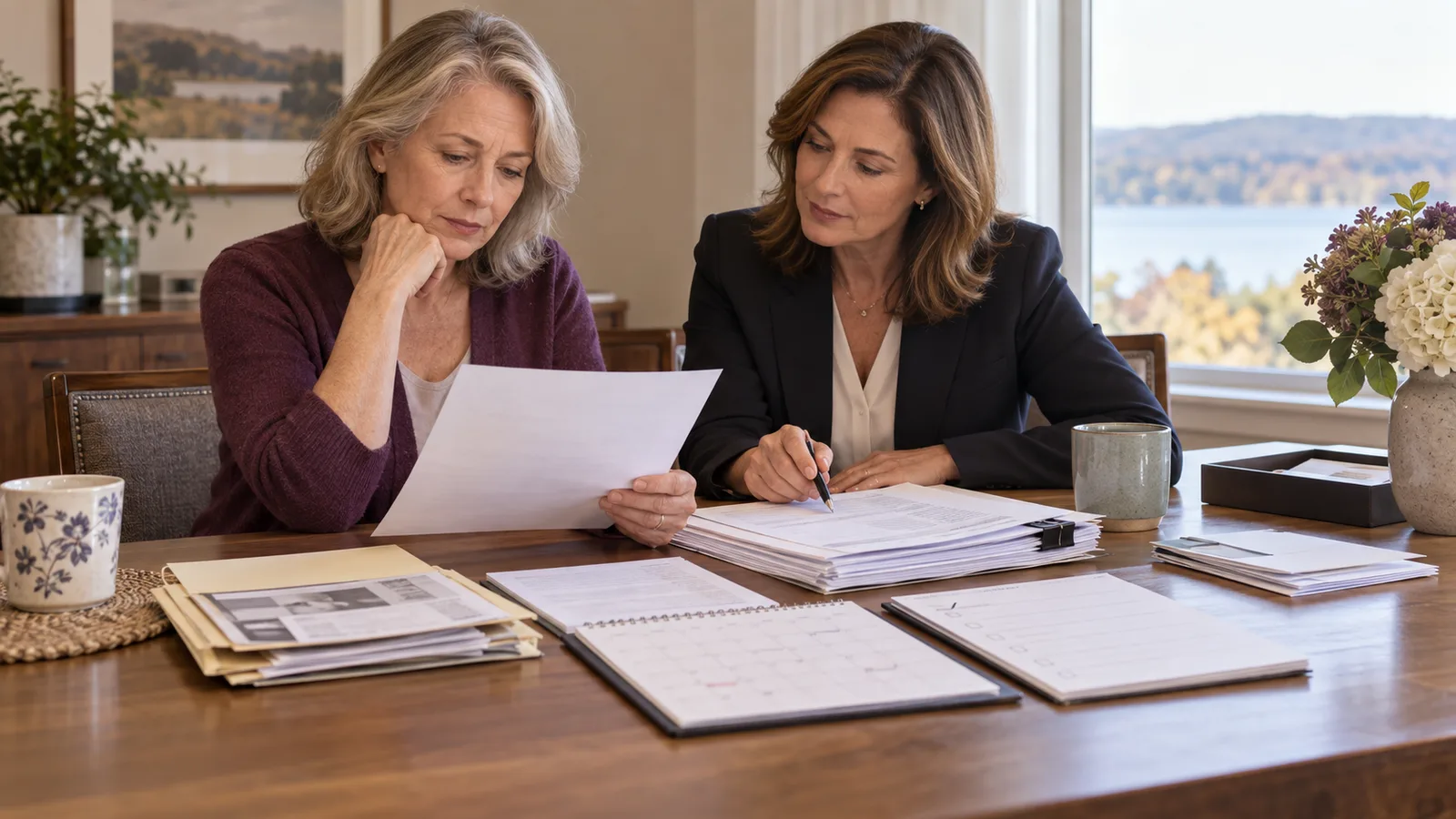 A widow and enrolled agent reviewing a penalty notice, corrected filing, evidence folder, and deadline chronology