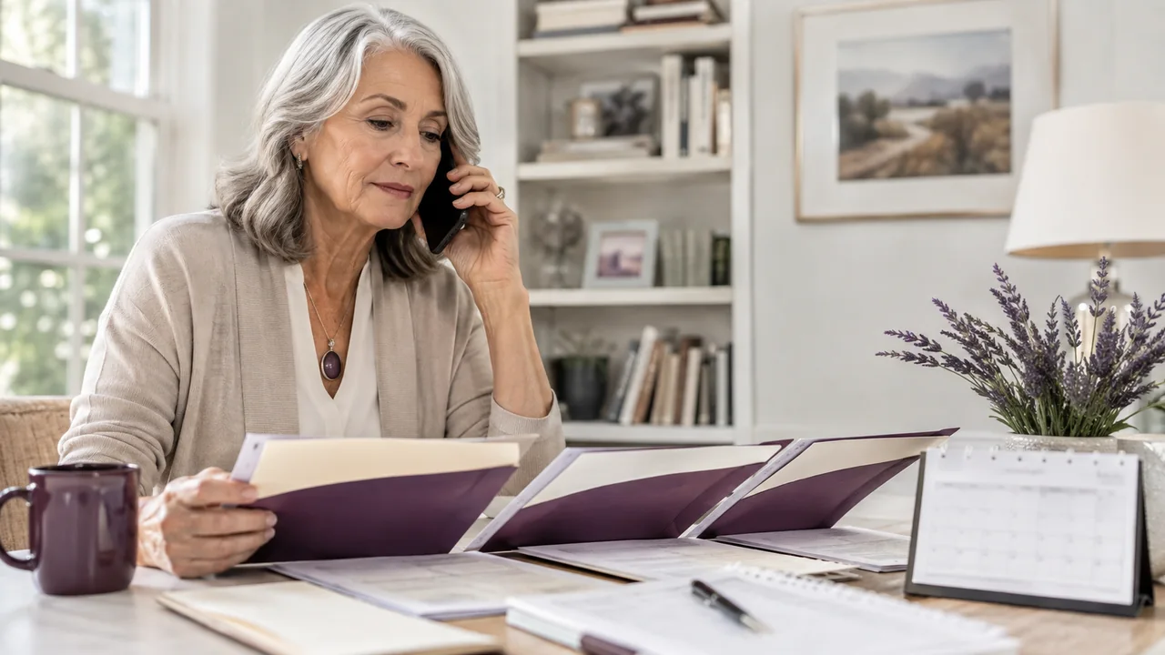 A mature widow collects written retirement-plan options during a call with the plan administrator.