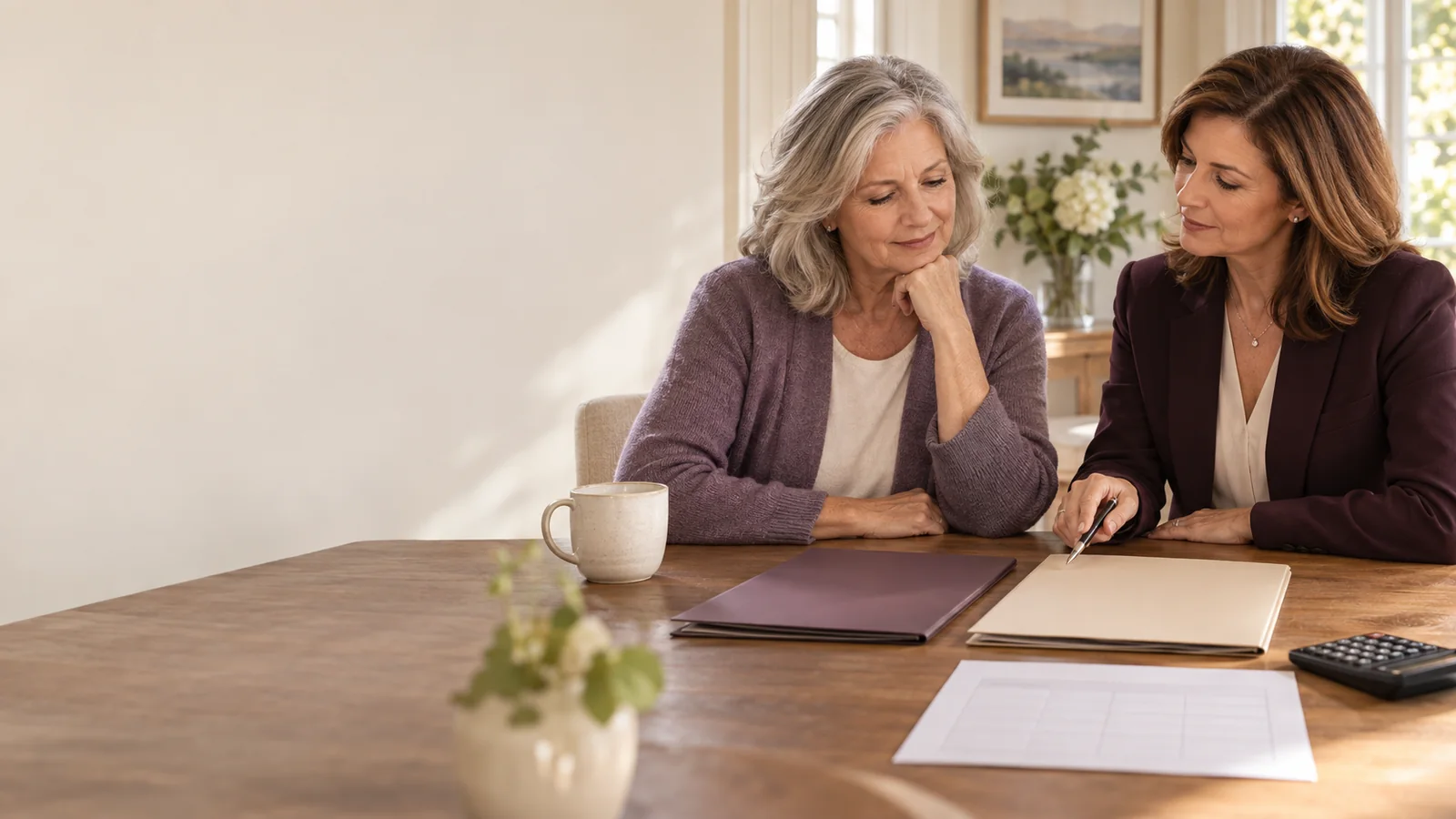A widow and independent adviser compare two pension-option folders with a calculator and blank worksheet.