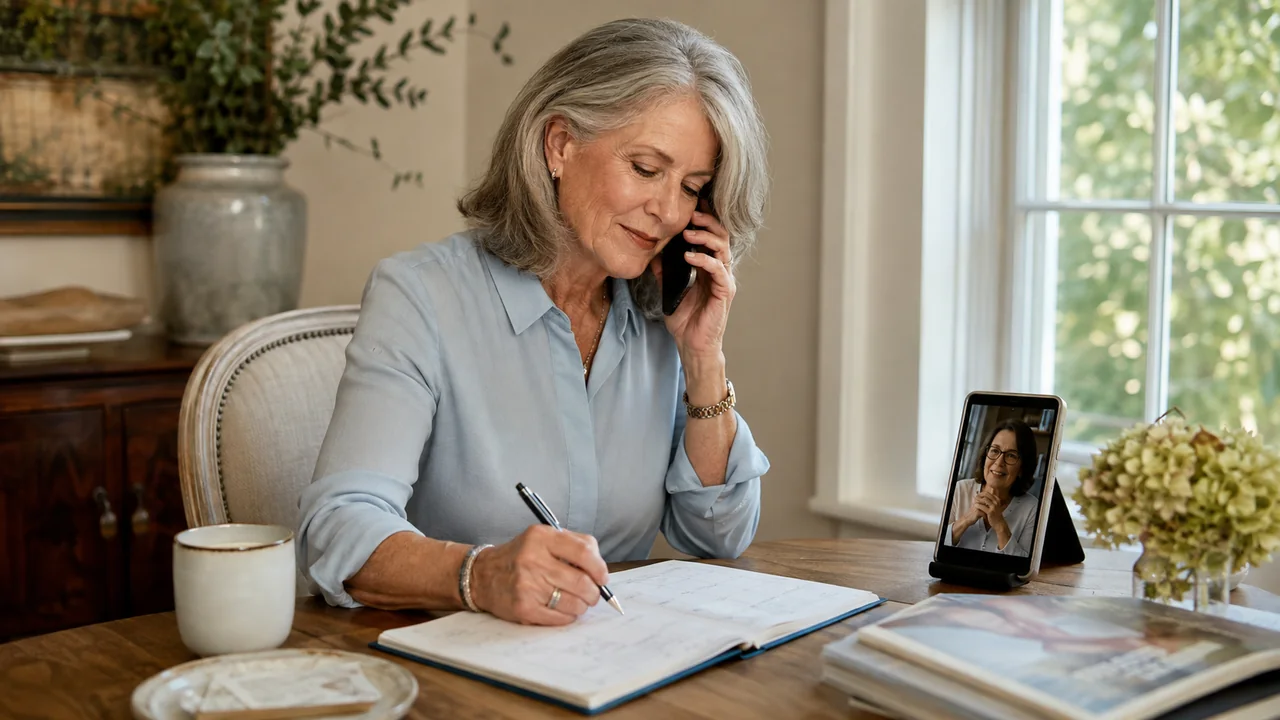 A woman making a small shared plan in her calendar while speaking with a friend