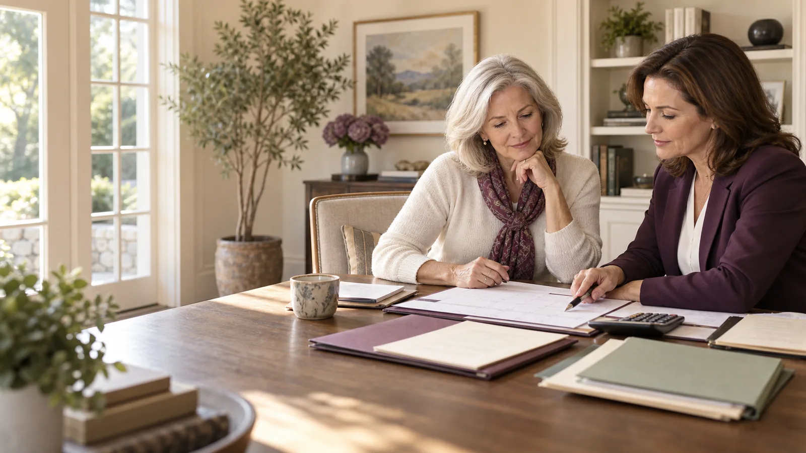A widow and her tax adviser reviewing a multi-year calendar and financial folders in a sunlit home office