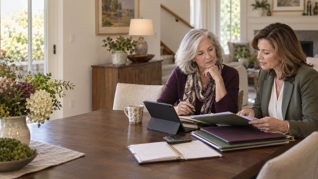A widow and an independent care-planning professional review care options, a calendar, and financial folders at her home.