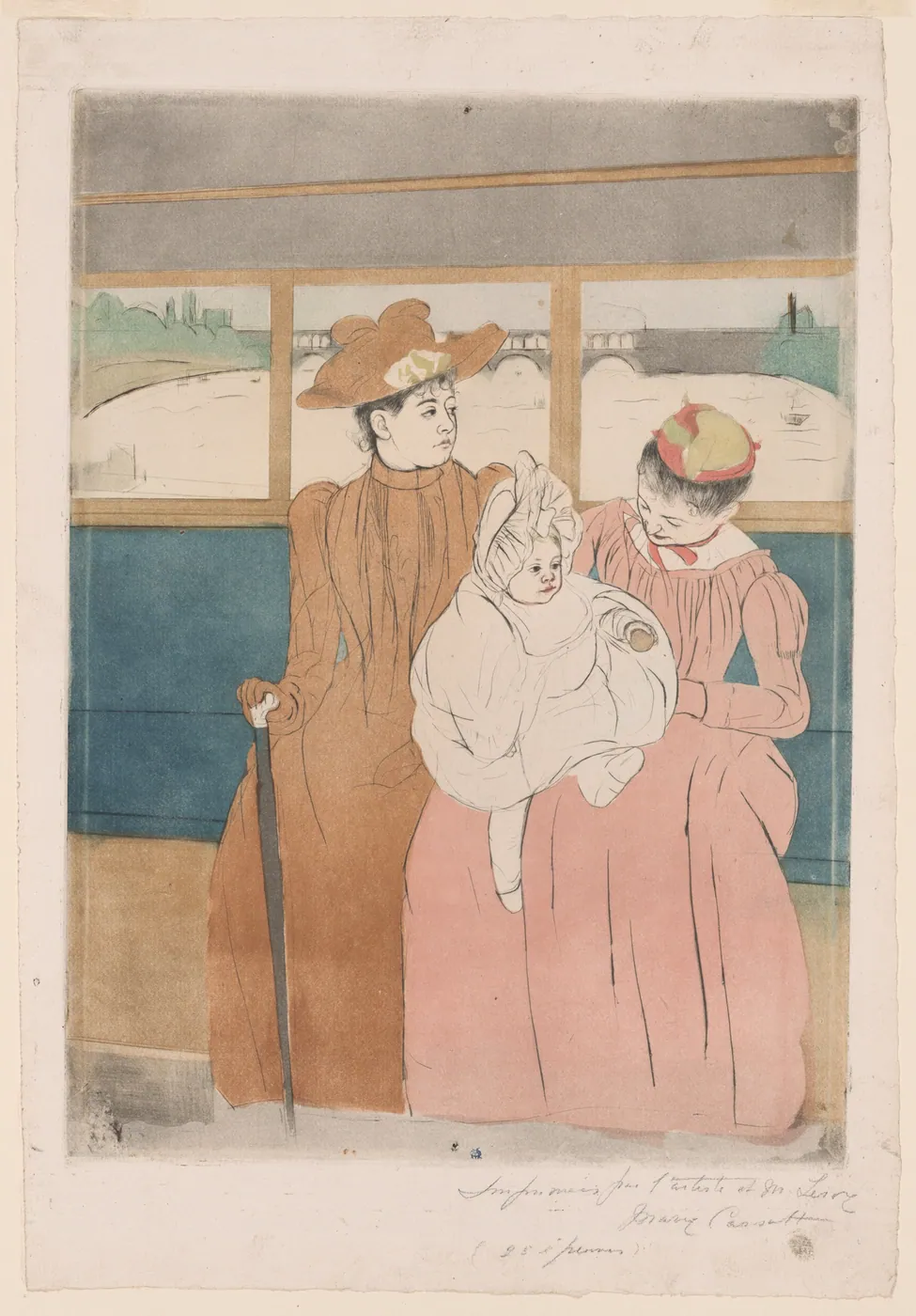 Colour print of two women seated in an omnibus by the windows, one holding a small child in a white bonnet, with a river and bridge beyond