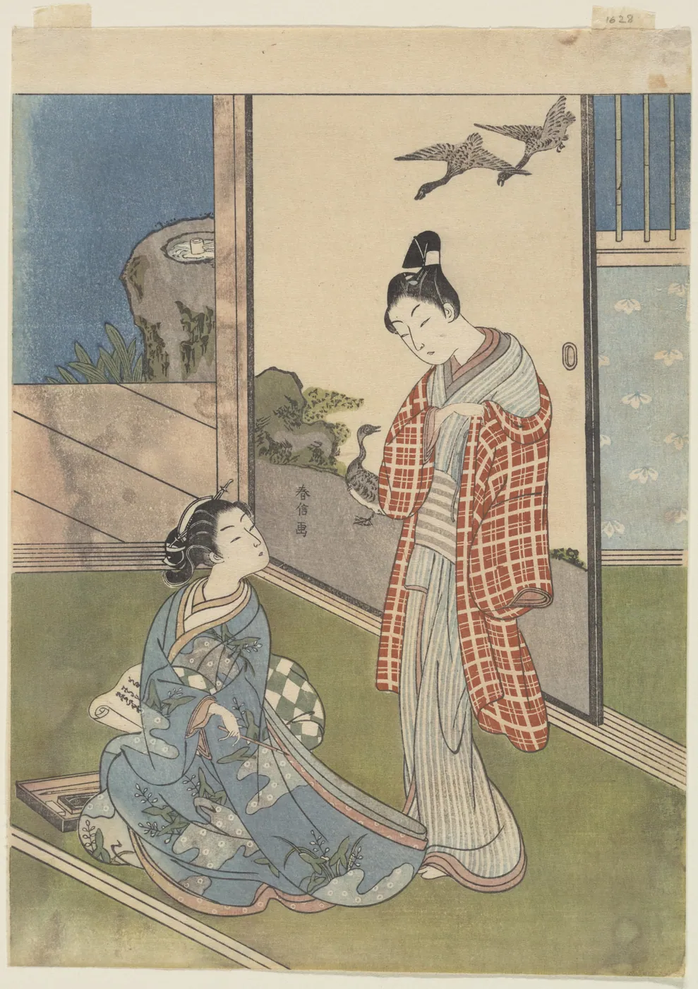 Japanese woodblock print of a kneeling woman in a blue kimono with a letter and writing box, a standing figure beside her, geese flying overhead