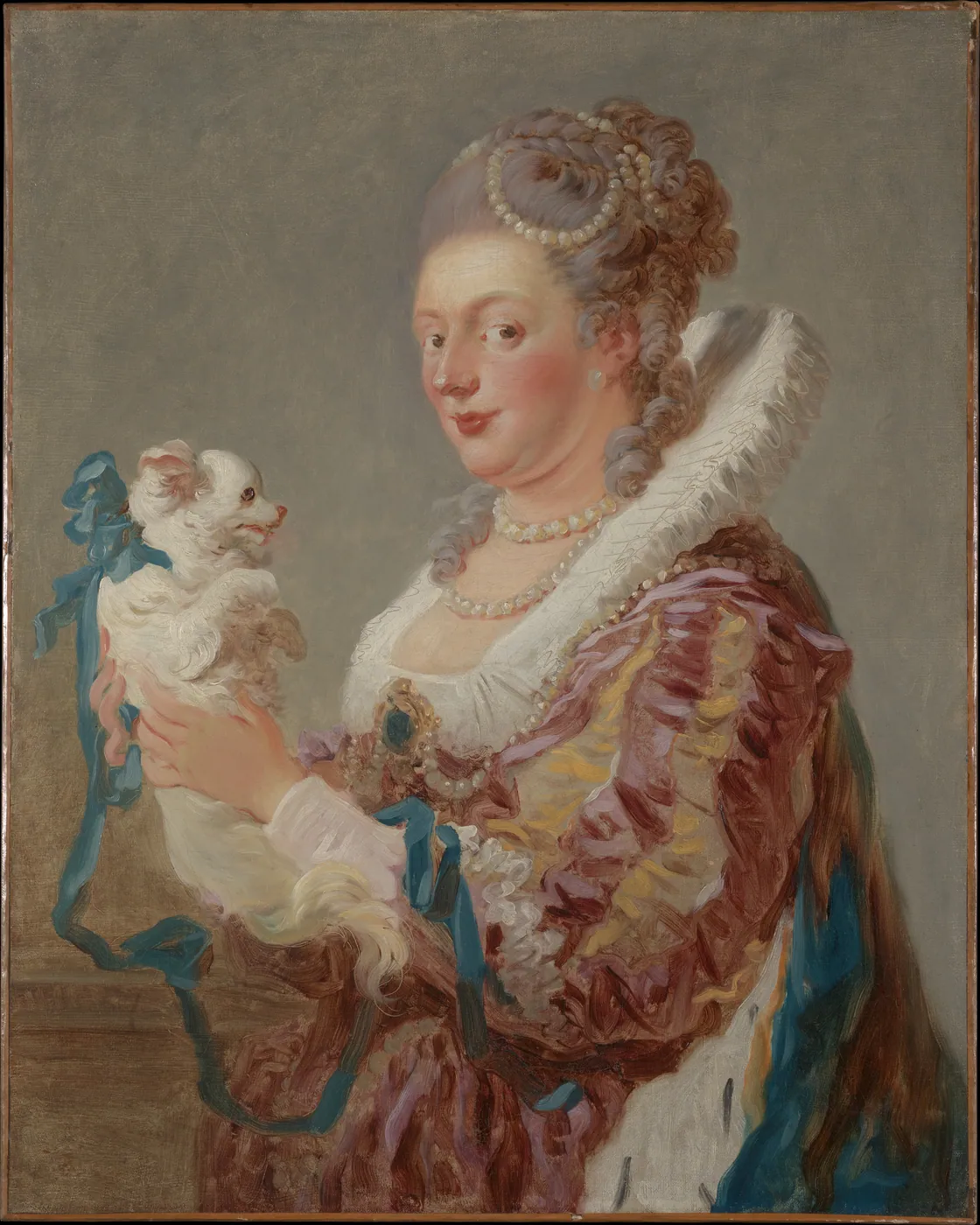 A woman with a pearl-strung coiffure, ruffled collar and silk gown holds up a small white dog tied with a blue ribbon