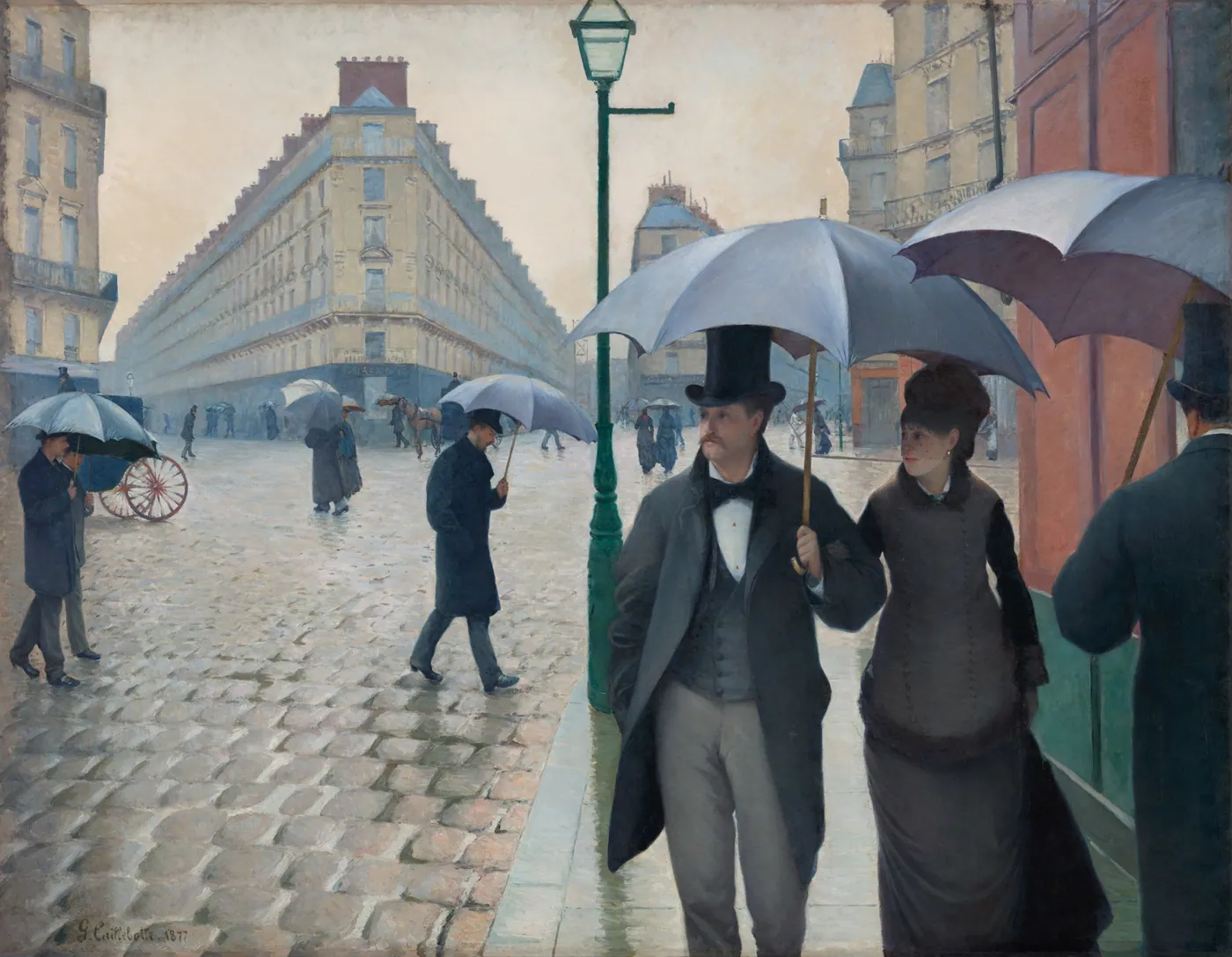 A couple in dark 1870s dress walk arm in arm under one umbrella along a wet cobblestone Paris street lined with pale stone buildings.