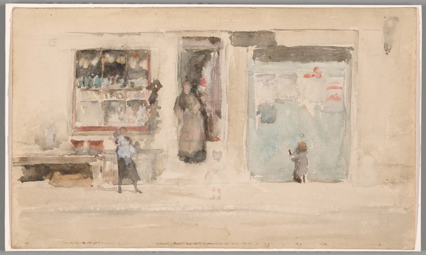 A pale watercolour of a small shopfront with a display window, a woman standing in the doorway and two small figures on the pavement.