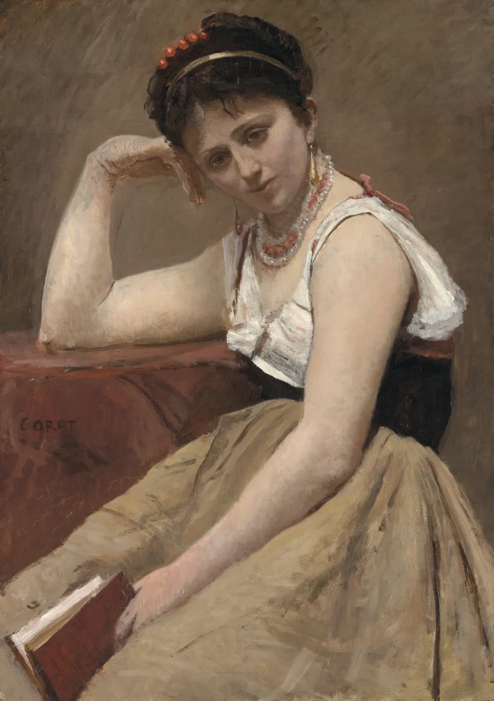 Painting of a young woman seated with her head resting on one hand, a red book held loosely in her lap, looking thoughtfully aside