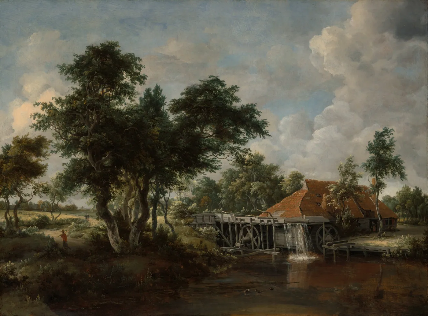 A red-roofed watermill beside a quiet pond, its wheel turning under tall trees and a sky of billowing summer clouds