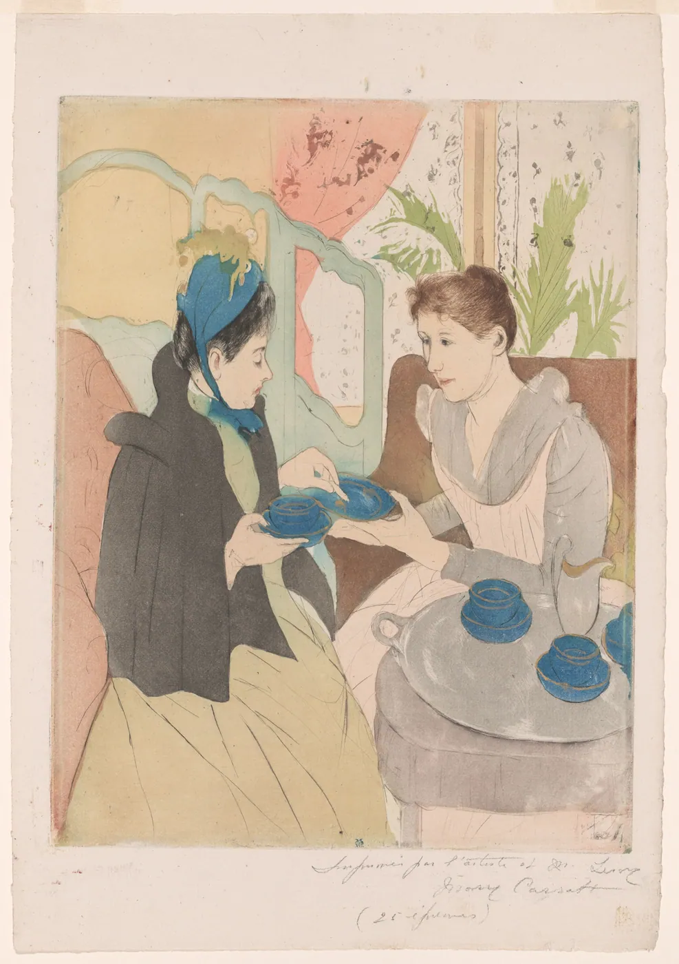 Color print of a hostess offering a blue teacup to a seated visitor in a bonnet and dark cape, a tea tray beside them