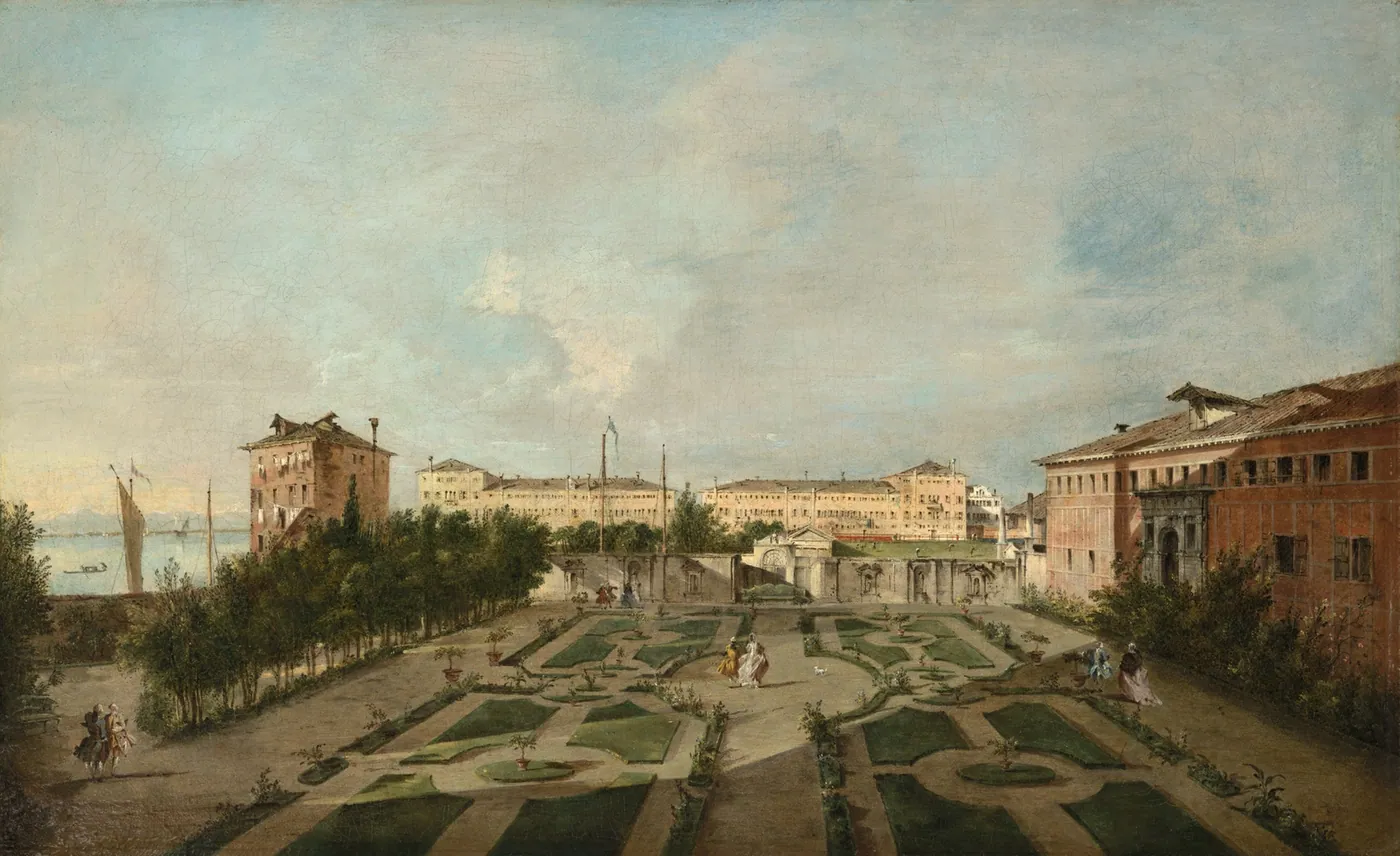 Venetian palazzo garden with geometric parterres, small strolling figures, and pale buildings under a wide sky, the lagoon with a sail at left