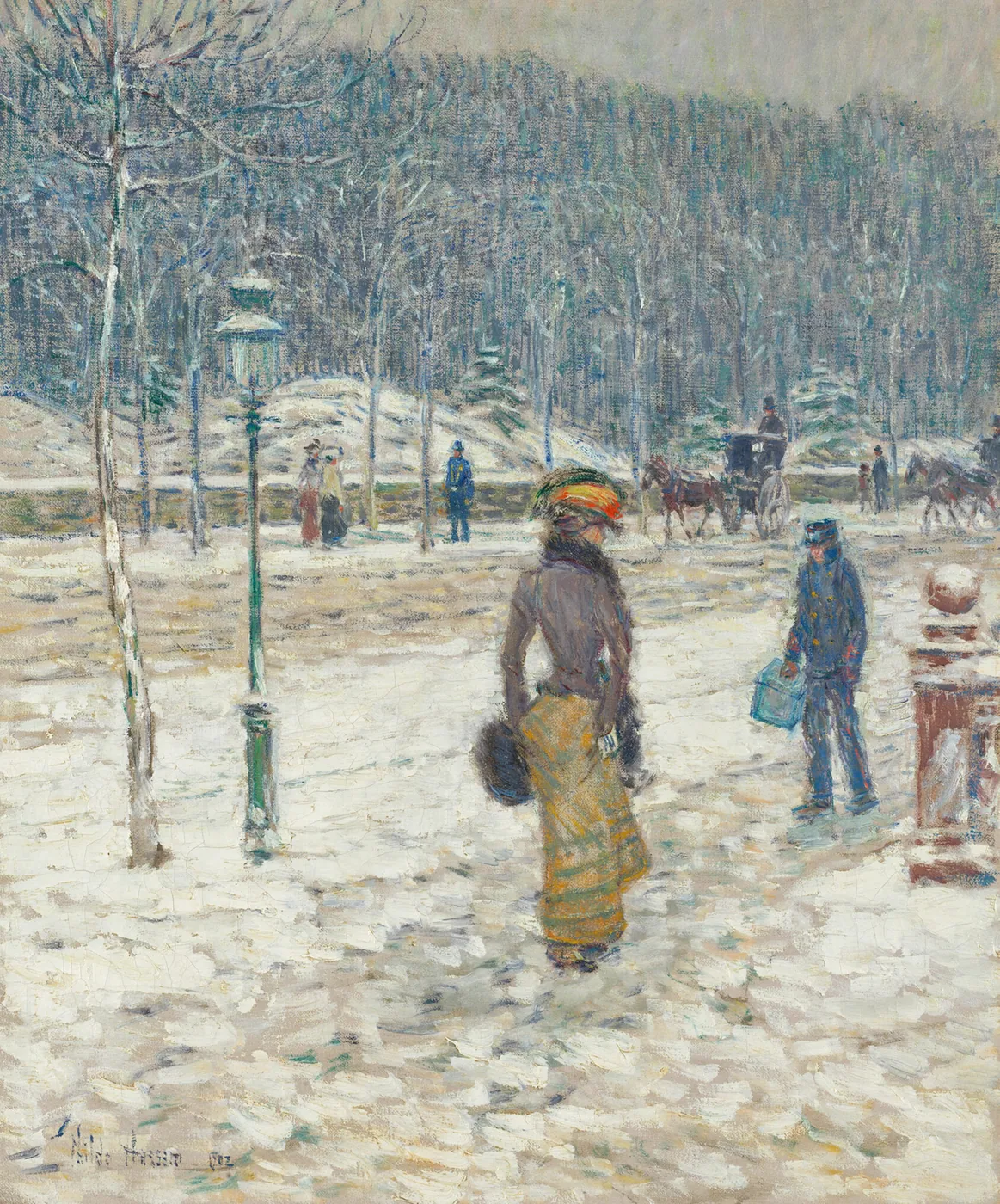 Impressionist painting of a woman in a long skirt and fur muff walking on a snowy New York street beside a lamppost, with carriages behind