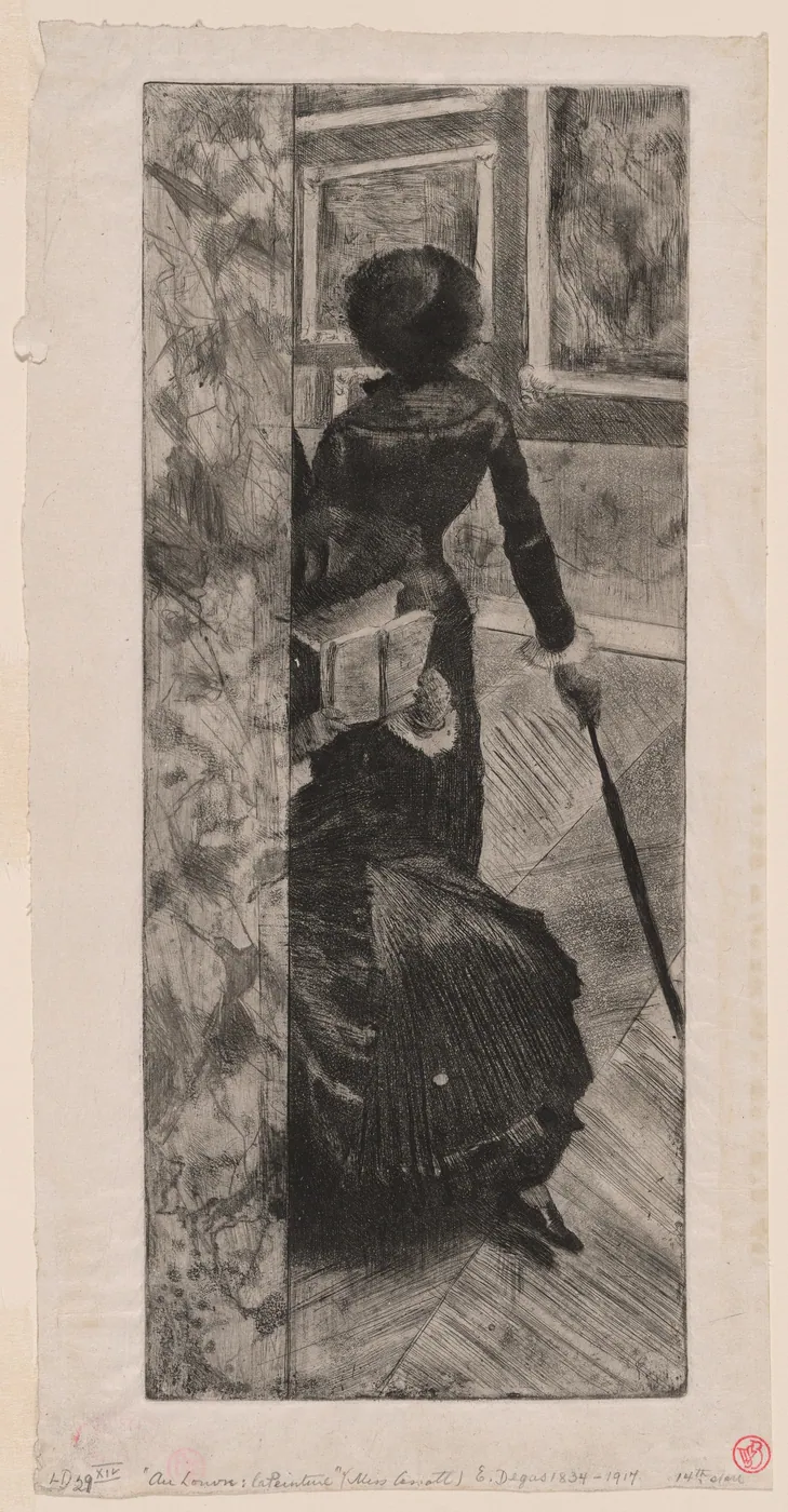 A woman in a long dark dress and hat, seen from behind and leaning on an umbrella, studies paintings in a museum gallery.