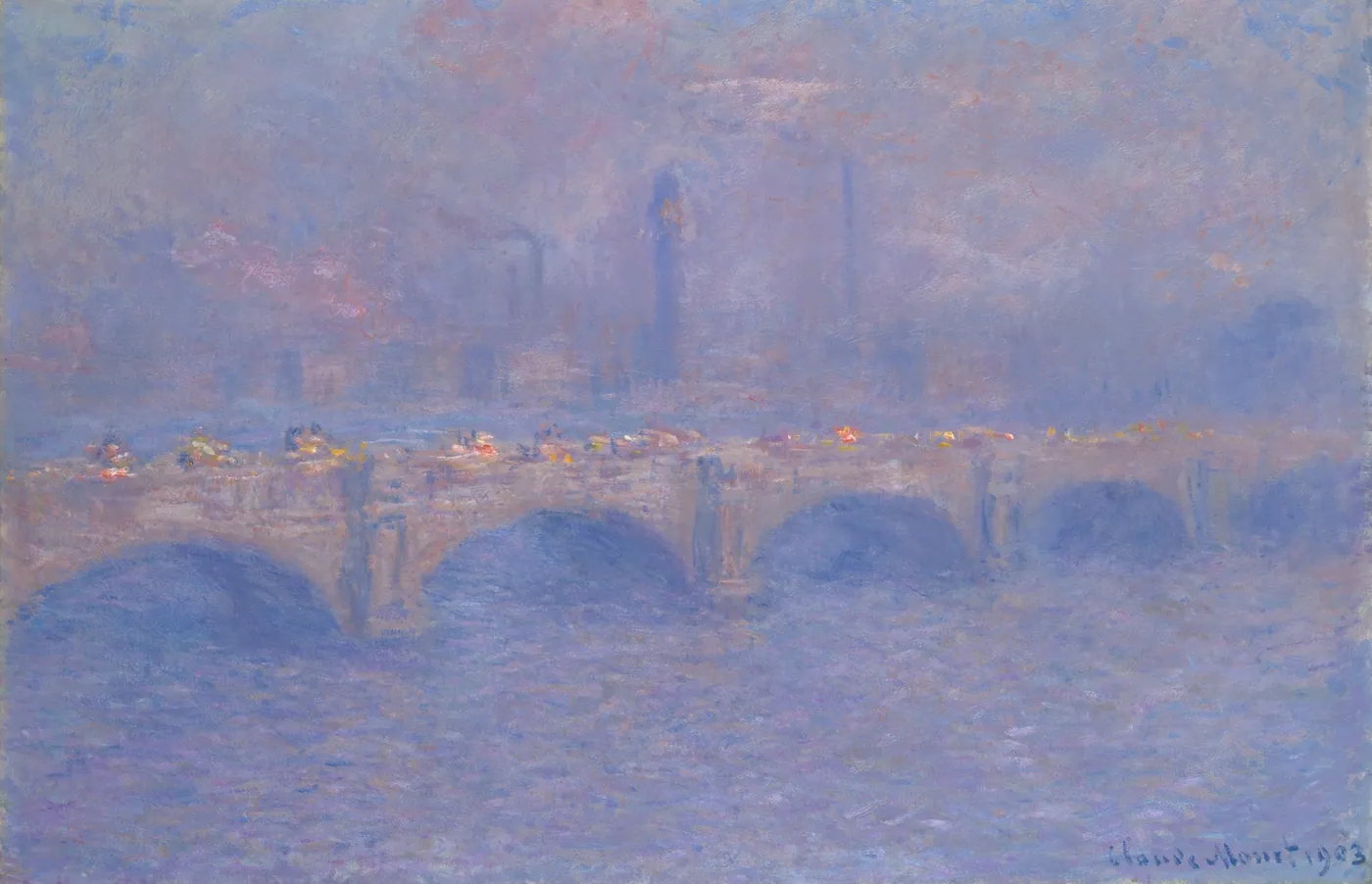 Hazy lavender and rose painting of a stone bridge with arches spanning the Thames, soft sunlight glinting on traffic crossing it
