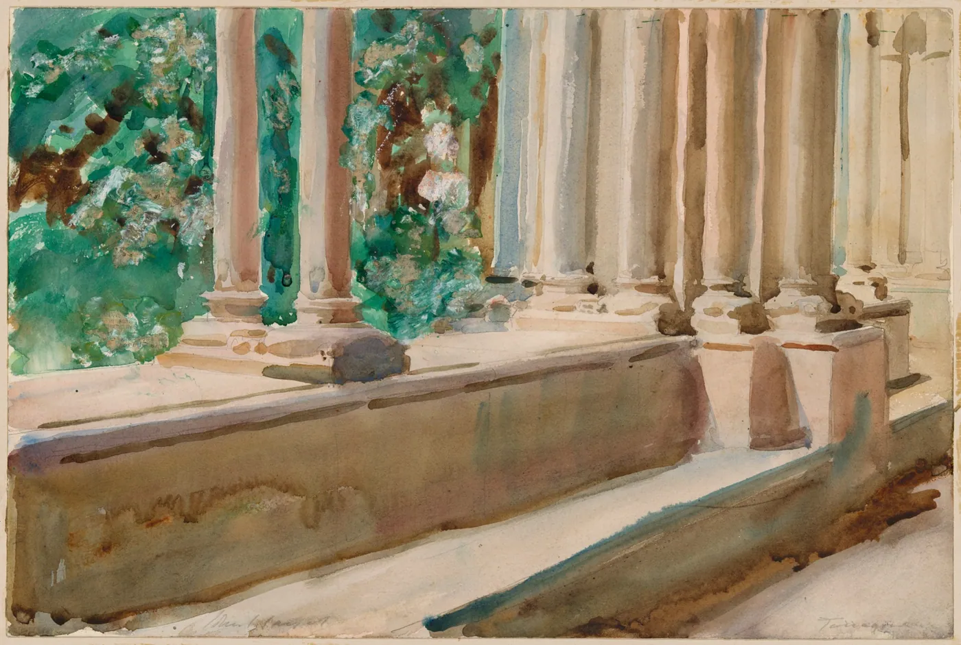 Watercolor of a sunlit stone colonnade and low wall beside a lush green garden, painted in loose washes of rose, ochre and green