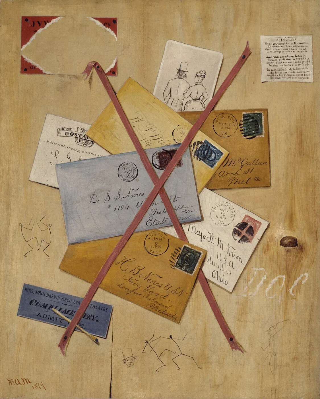 Trompe-l'oeil painting of stamped envelopes, a postcard, a ticket, and a small print tucked behind crossed red tapes on a pine board