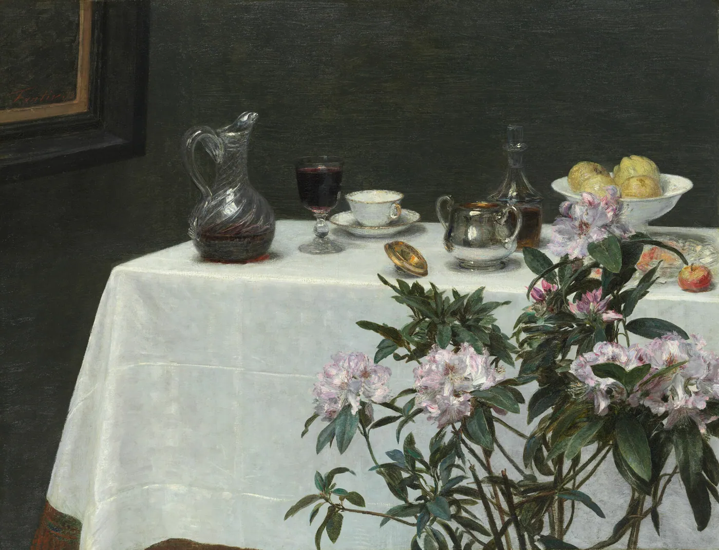 Painting of a white-clothed table with a wine carafe, a glass of red wine, a teacup, a silver pot, a bowl of fruit and pink rhododendrons