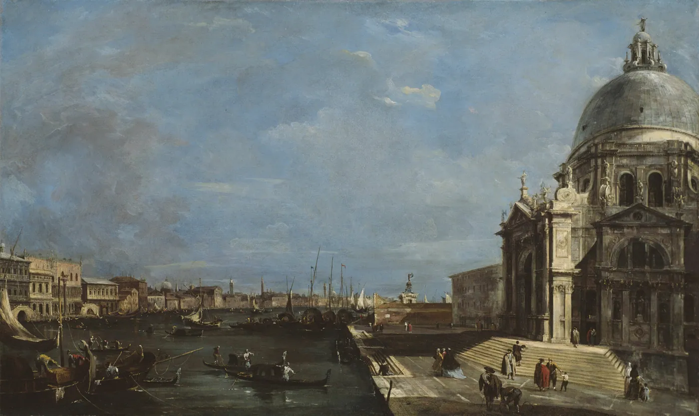 A painted view of Venice's Grand Canal with gondolas and moored boats, the domed Santa Maria della Salute at right, and small figures on its steps under a cloudy sky.