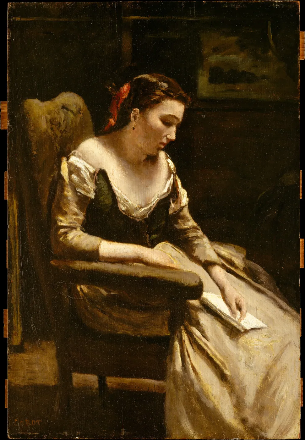 A young woman in a pale dress and dark bodice sits in a green armchair, looking down at an open letter resting in her lap in a dim interior.