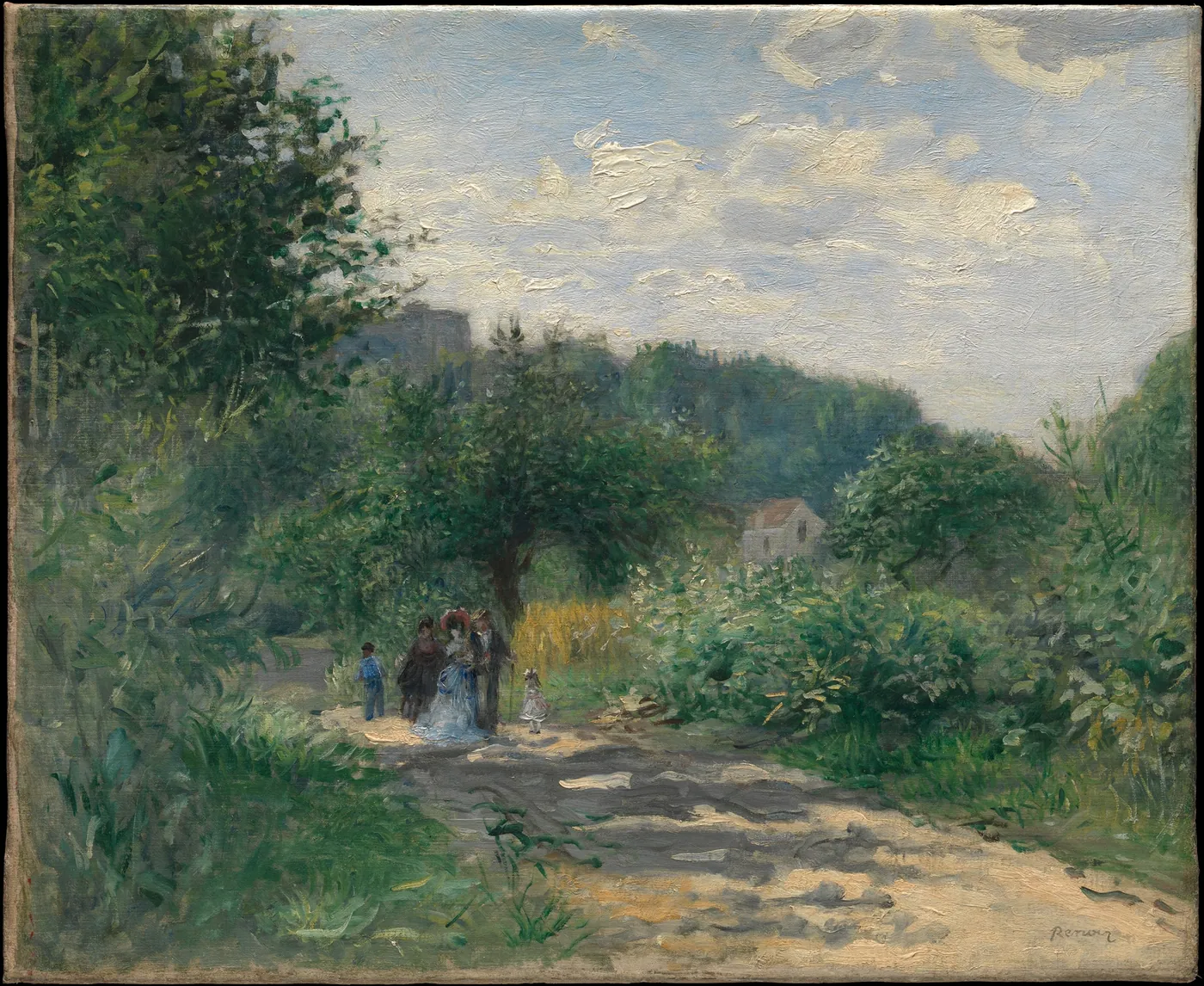 Sunlit country road through green summer foliage, with a small group of strollers and a child walking under a cloud-flecked sky