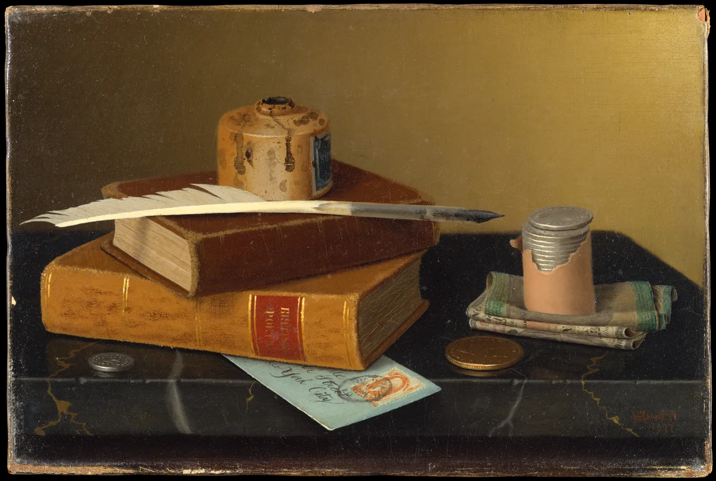 Two leather-bound ledgers with a quill and inkwell on a dark marble table, beside a stack of coins, folded banknotes and a stamped envelope.
