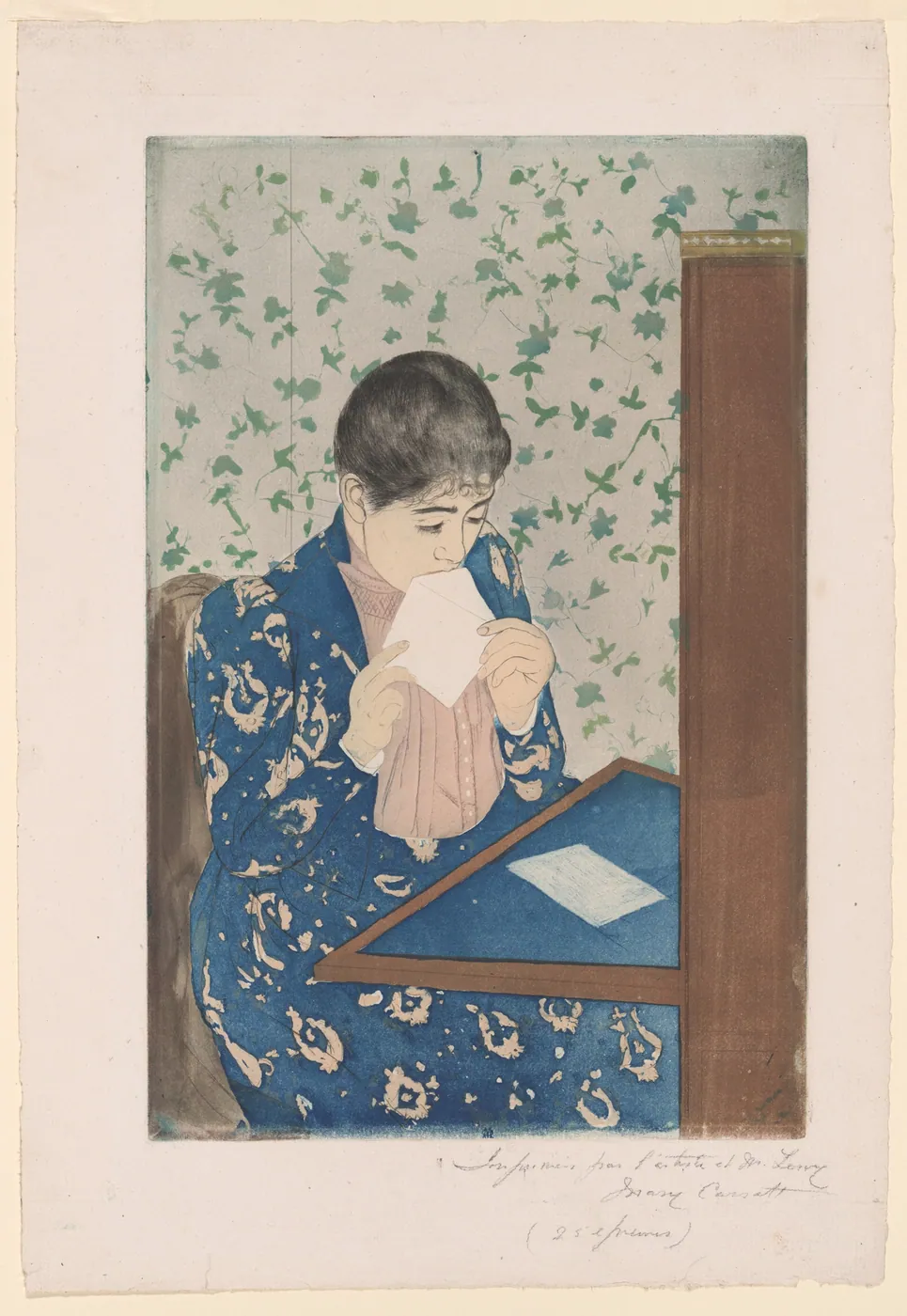 A woman in a blue patterned dress seals an envelope at a slant-top writing desk against green leaf-patterned wallpaper.