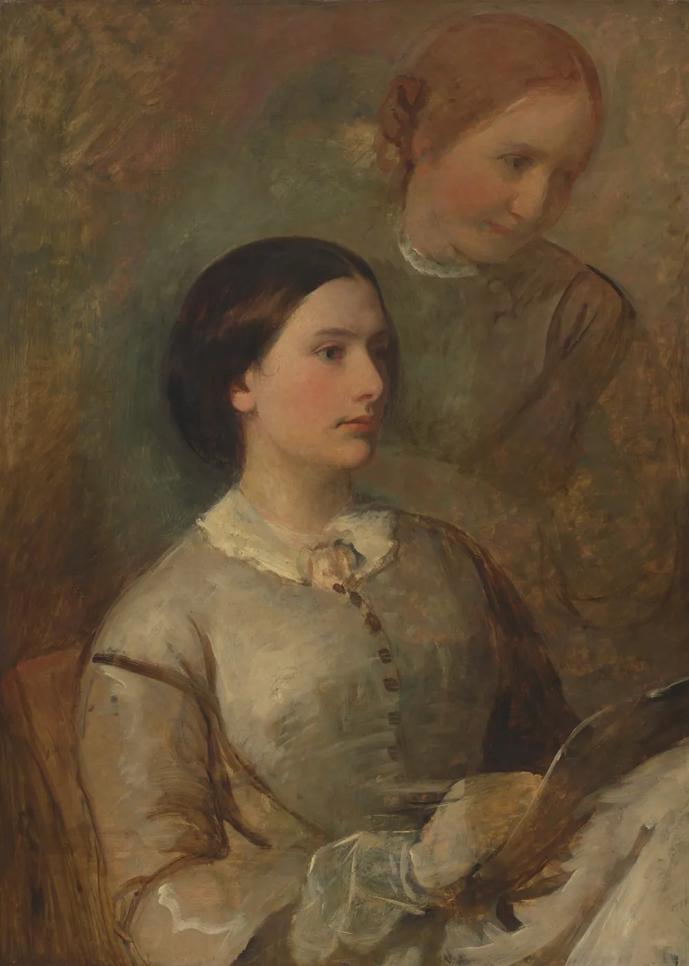 A painted portrait of two young women in 1840s dress: one sits holding a sheet of paper while the other leans in behind her with a gentle expression