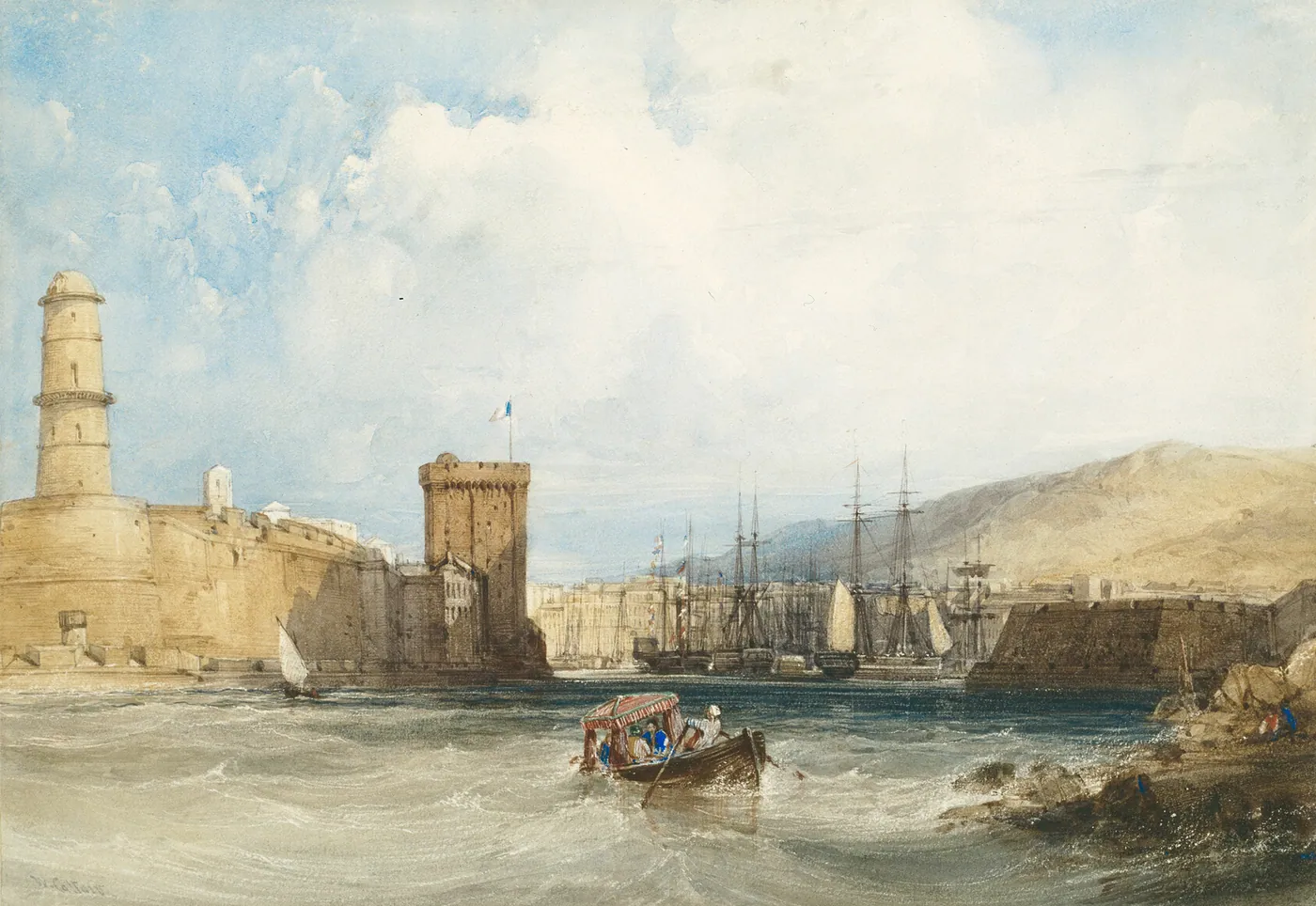 Watercolor of the fortified harbor entrance at Marseilles with a lighthouse, stone tower, tall-masted ships and a small boat on choppy water
