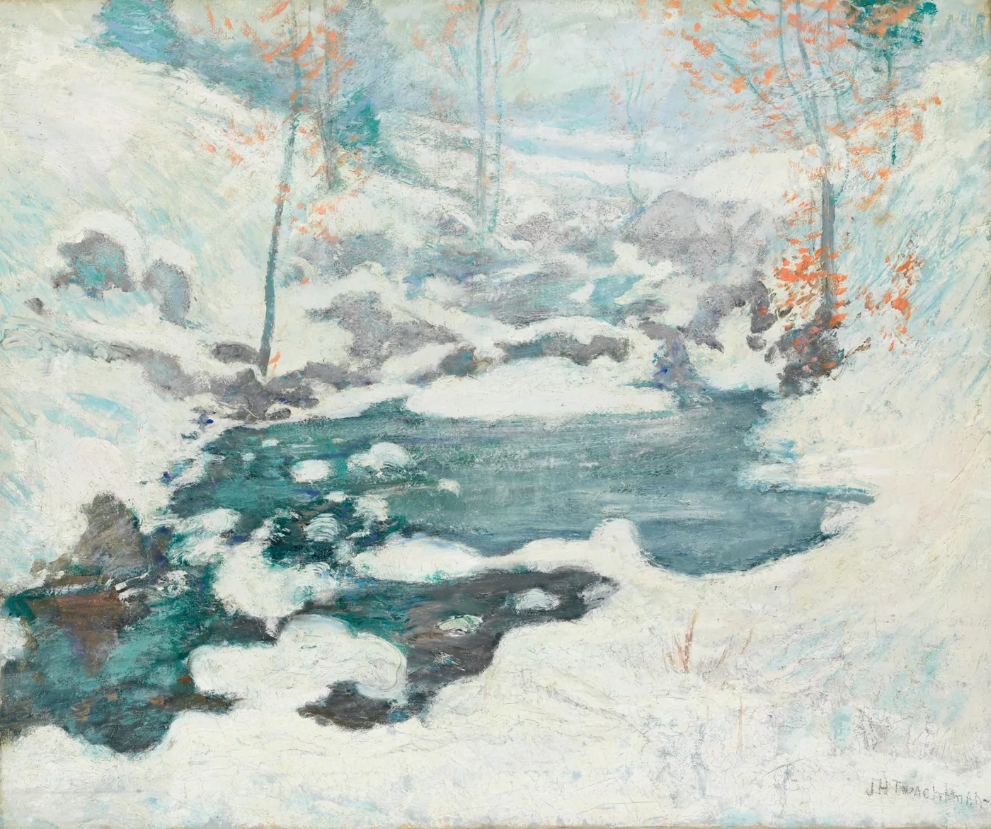 Impressionist winter scene of a stream half-frozen between snowbanks, with pale blue-green water, bare trees, and a few rust-coloured leaves